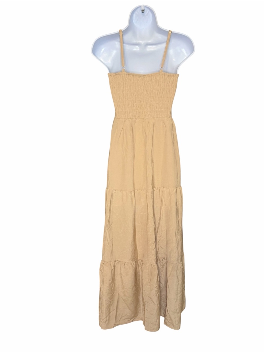 PrettyGarden Beige Smocked Tiered Maxi Dress Spaghetti Strap Size S Boho - Picture 3 of 6